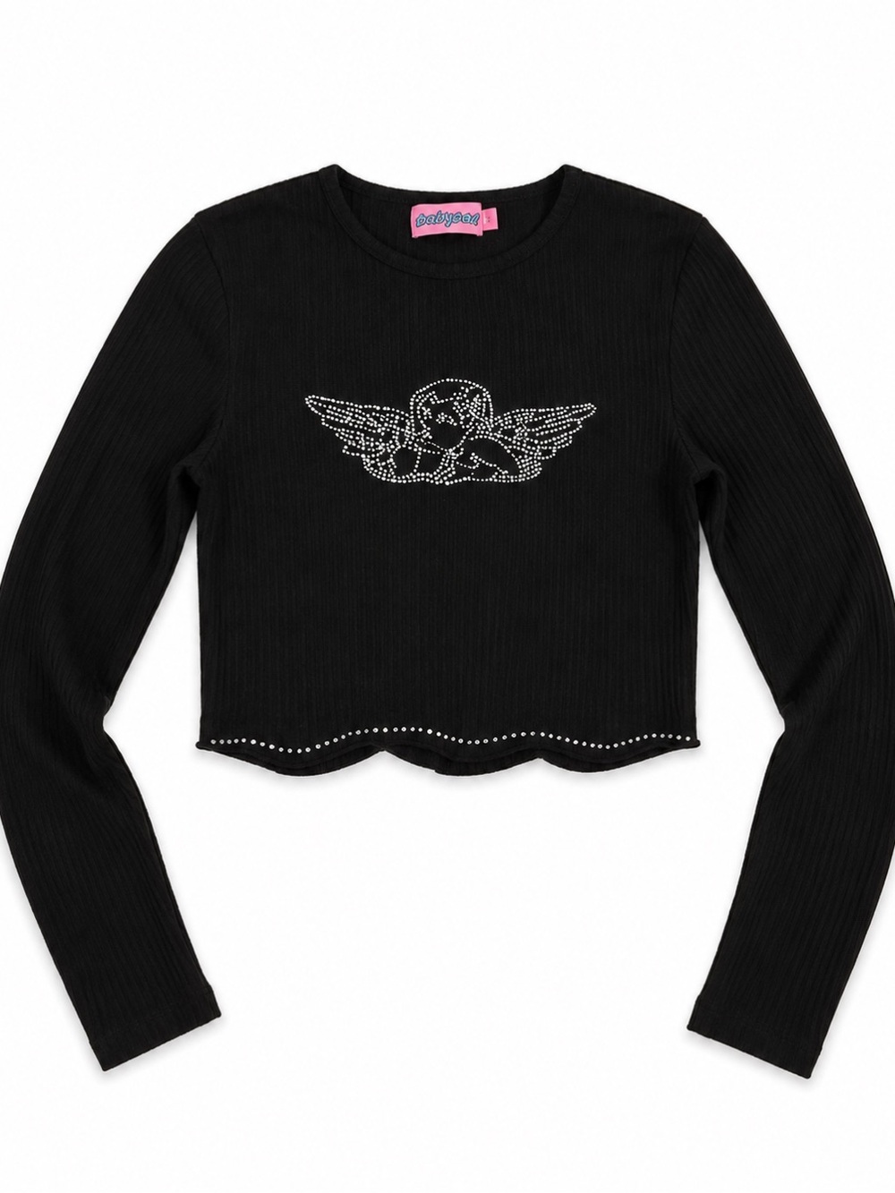 Edikted Black Rhinestone Angel Wing Long-Sleeve Crop Top